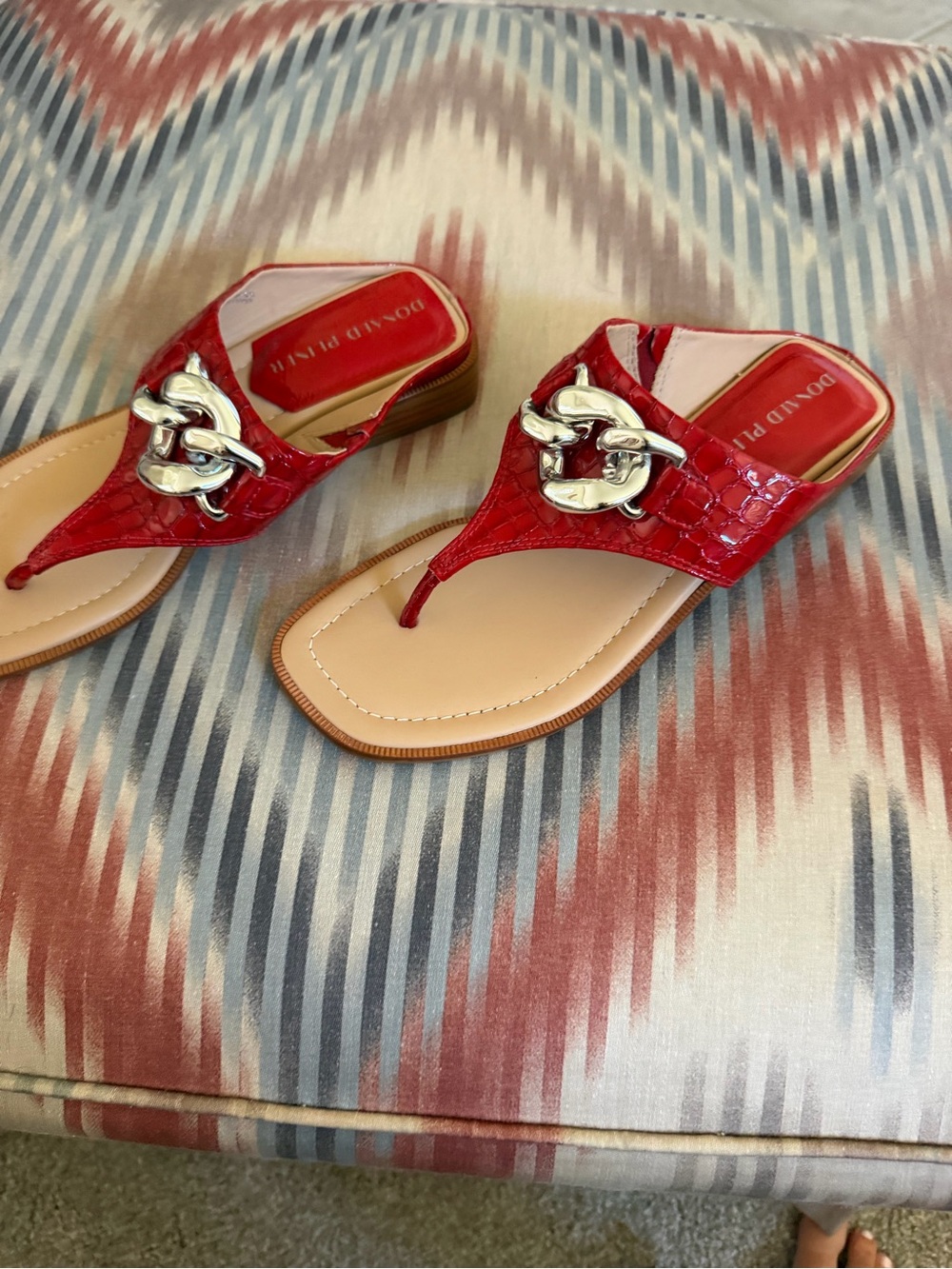 Donald J. Pliner Red Croc-Embossed Thong Sandals with Silver Chain Accent